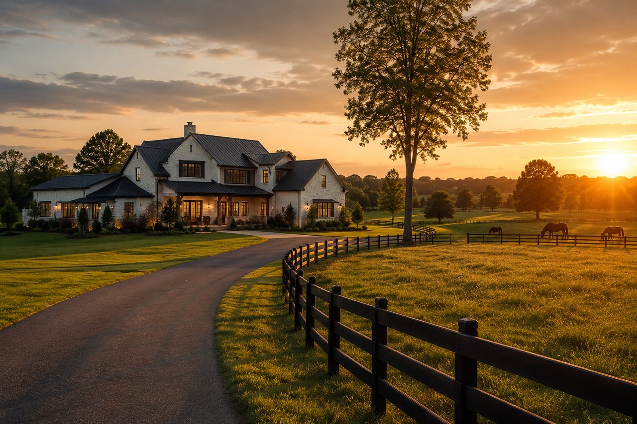 A luxury modern farmhouse in Leipers Fork, Tennessee, surrounded by rolling green pastures, black wooden fencing, grazing horses, and scenic countryside at golden hour, showcasing the peaceful lifestyle of Williamson County luxury living.