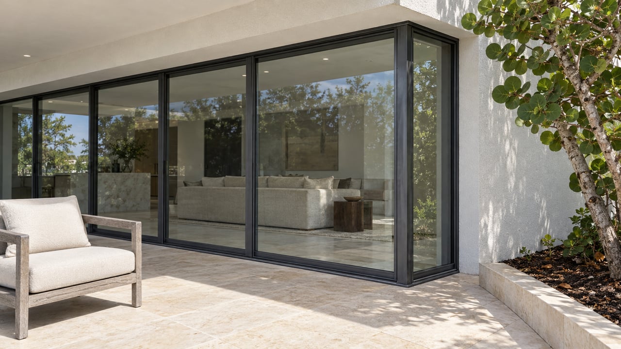 Covered limestone terrace with a weathered teak lounge chair, closed glass living-room doors and a sculptural sea-grape tree.