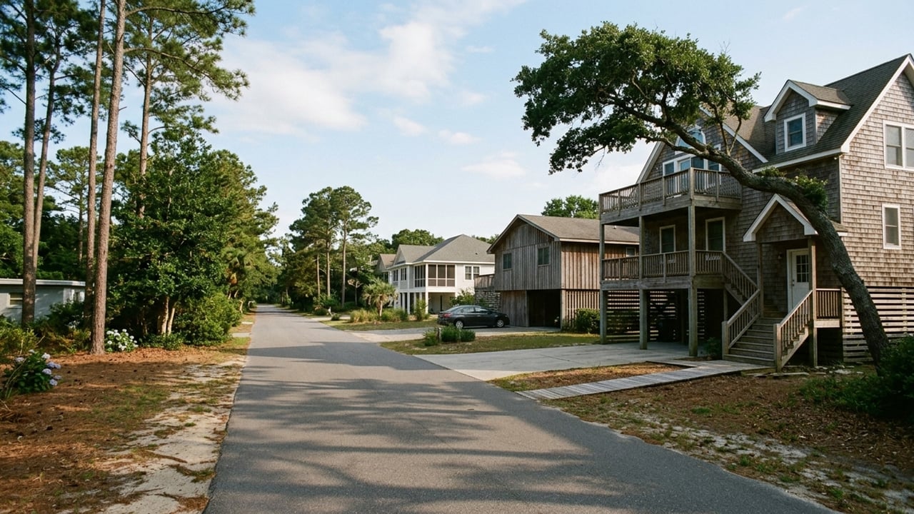 Residential street with shingle-sided coastal homes, wooden decks, and tall pines.