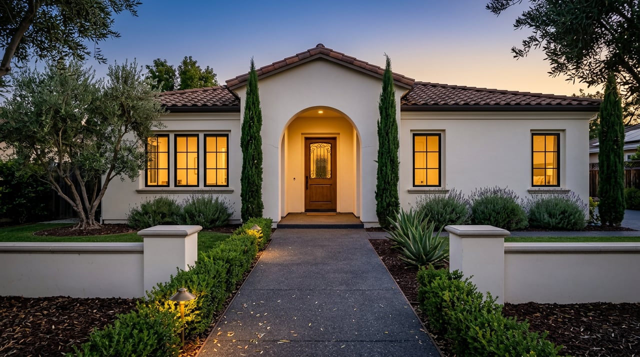 Stucco home with an arched entry, warm glowing windows, terracotta roof tiles, and lantern-lit walkway at dusk.