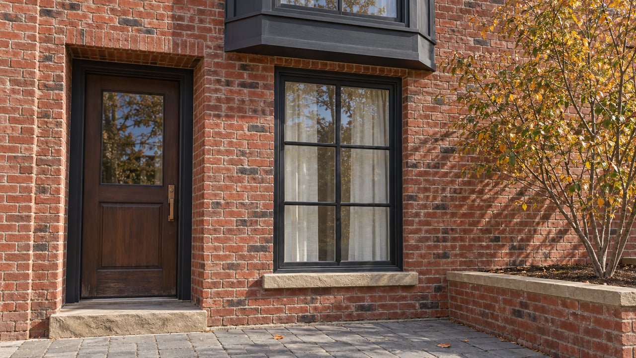 Red brick residential entrance with a dark wood door, divided-light window, sandstone step and autumn serviceberry beside a paved approach.