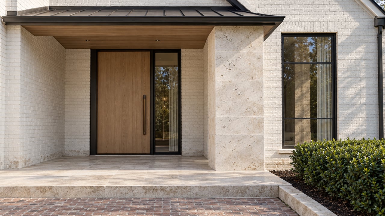 Recessed oak front door and black-framed window beside pale limestone and white painted brick, with a broad stone entry step.