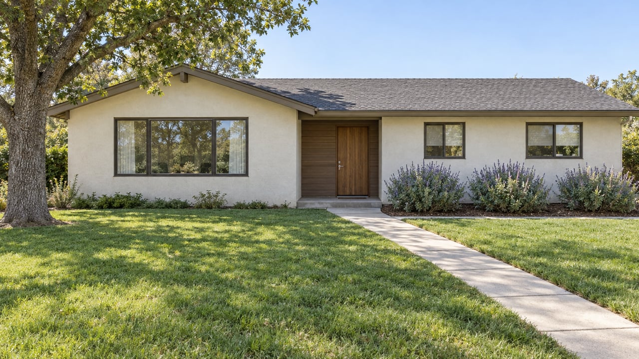 A single-story stucco home with a deep green front lawn, mature oak, and concrete approach in clear morning light.
