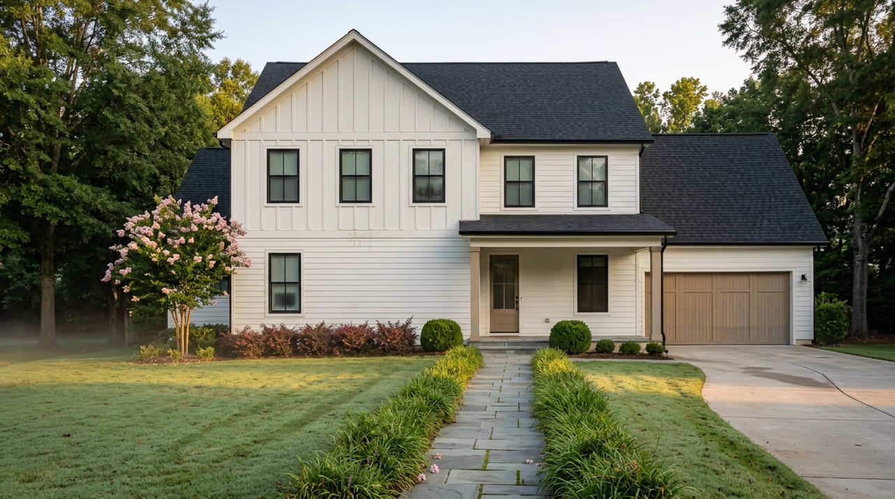Two-story white-sided home with a pink-blooming crape myrtle, dew-covered lawn, and mist beneath mature trees.