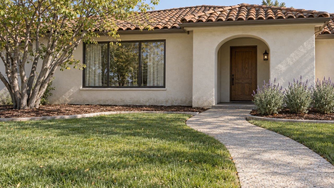 An established single-story stucco home with an aged clay-tile roof, broad front lawn, redbud tree and recessed oak entrance.