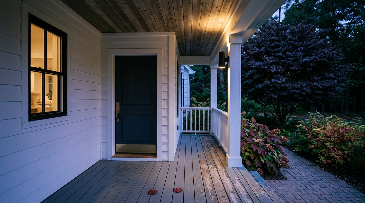Farmhouse porch at dusk with a charcoal door, glowing window, warm sconce, and redbud tree beyond.