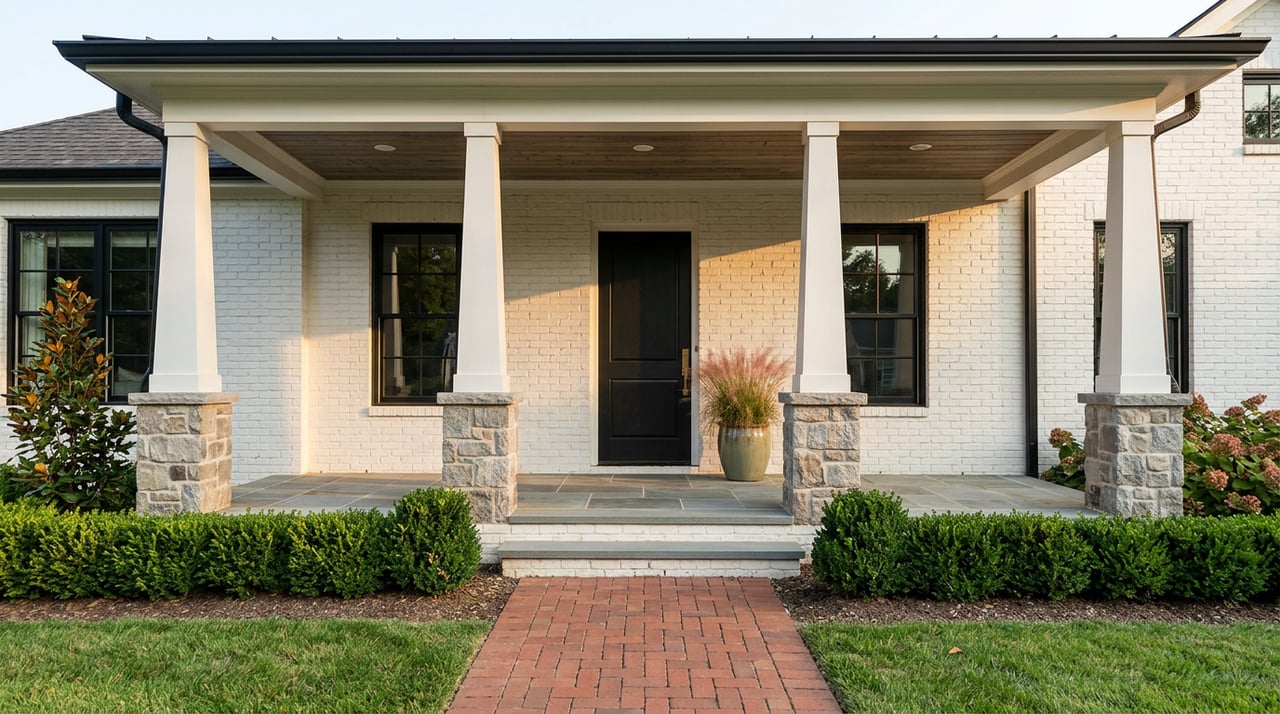 White-brick home’s covered porch with stone-plinth columns, a black door, and a brick walk bordered by hedges.