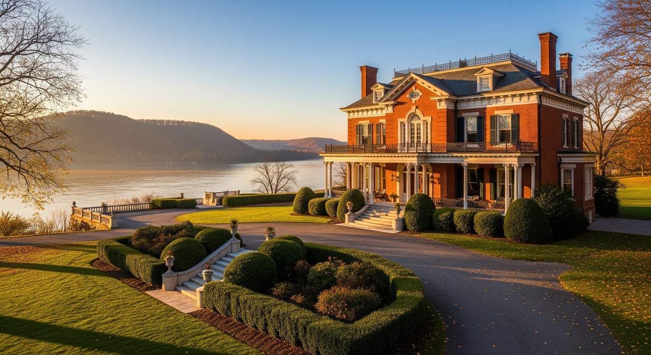Red-brick mansion with columned porches and clipped gardens overlooking a lake and distant hills.
