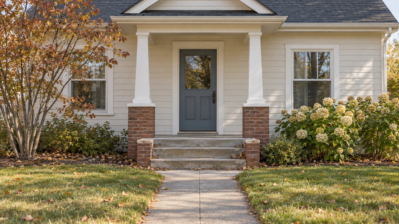 Off-white clapboard house with a blue-gray door, brick steps, and autumn garden plants.