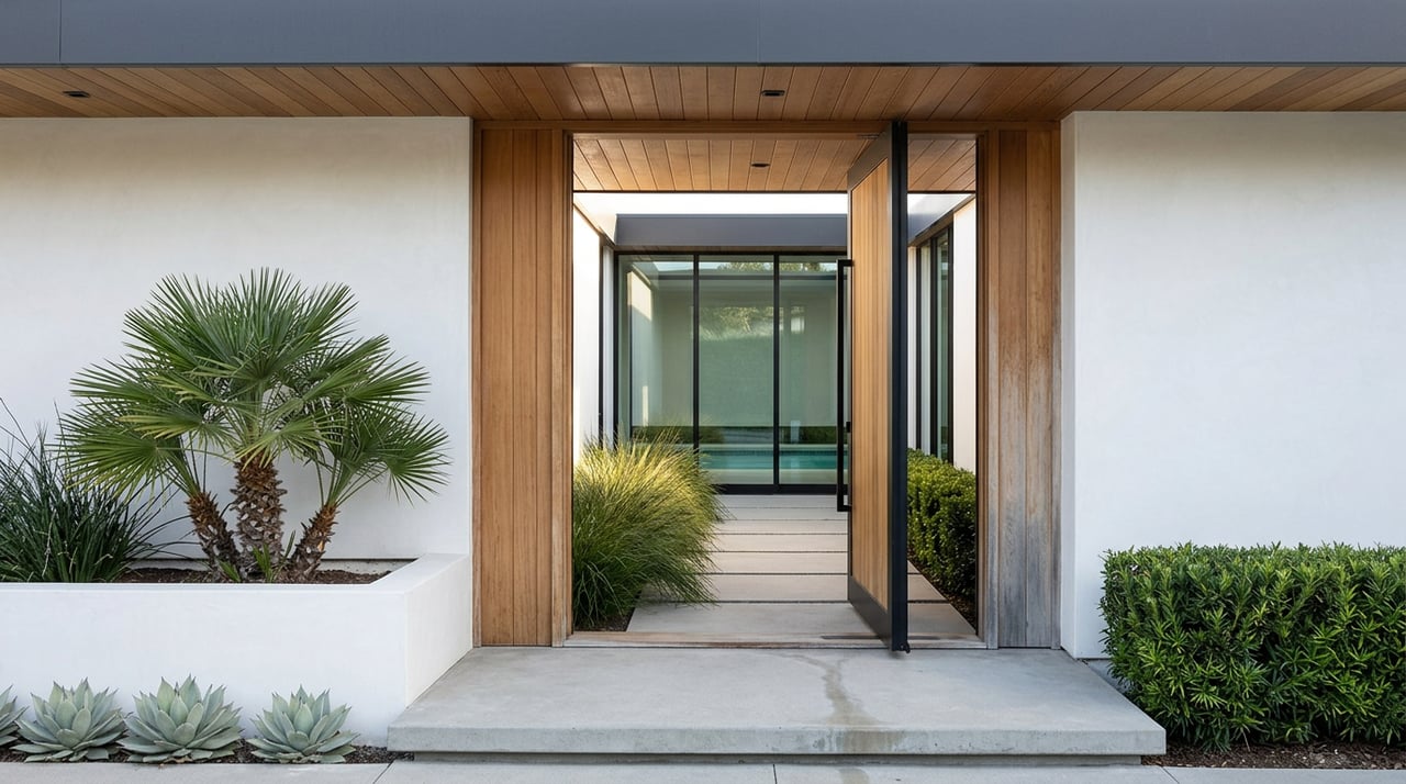 Open cedar pivot door frames a narrow courtyard with concrete pavers, sculptural plants, and a sliver of pool.