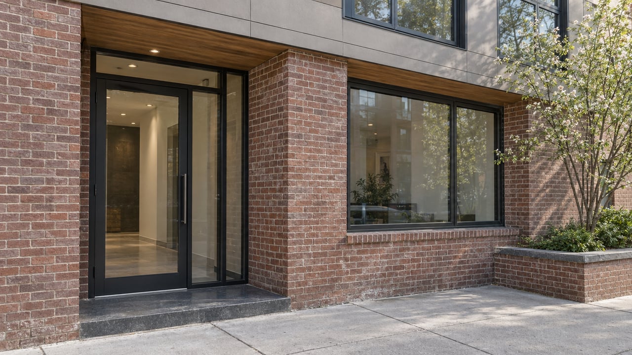 Brick multifamily entrance with a recessed glass lobby door, dark-framed windows, and a small tree in a raised planter.