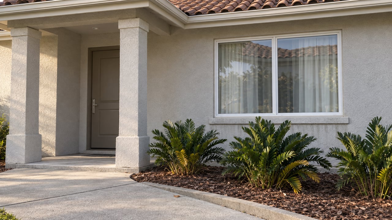 A single-story stucco home's covered entry and broad window beside a concrete approach and three coontie plants.
