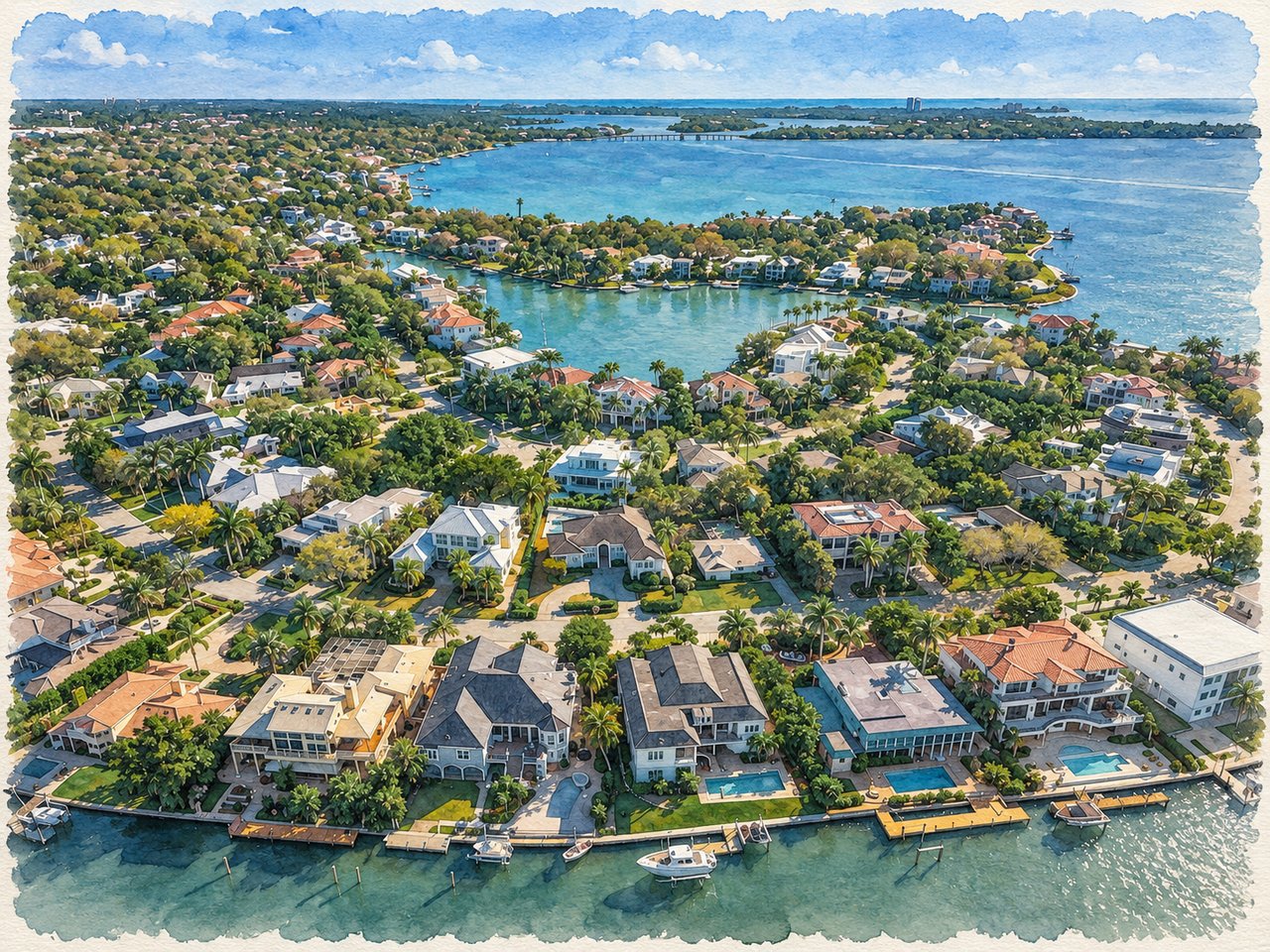 Aerial view of Harbor Acres waterfront homes and canals beside a broad bay.