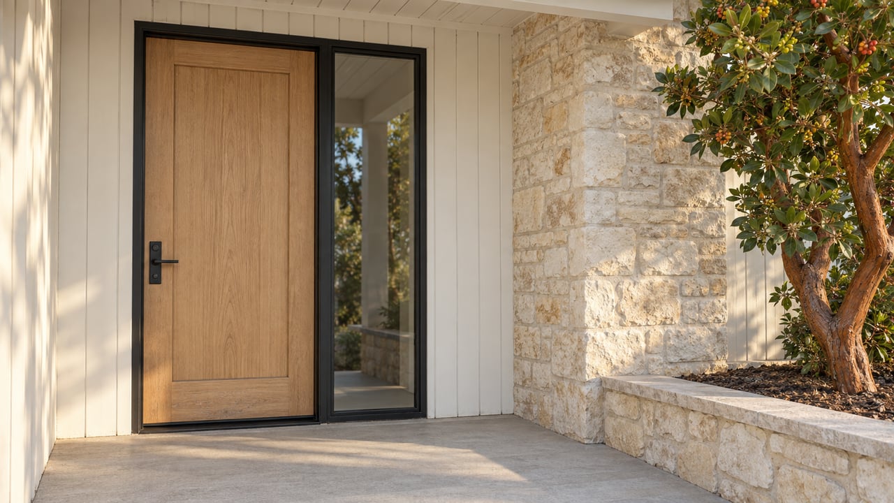 Sunlit oak entrance door beside cream limestone and a sculptural strawberry tree on a sheltered residential porch.