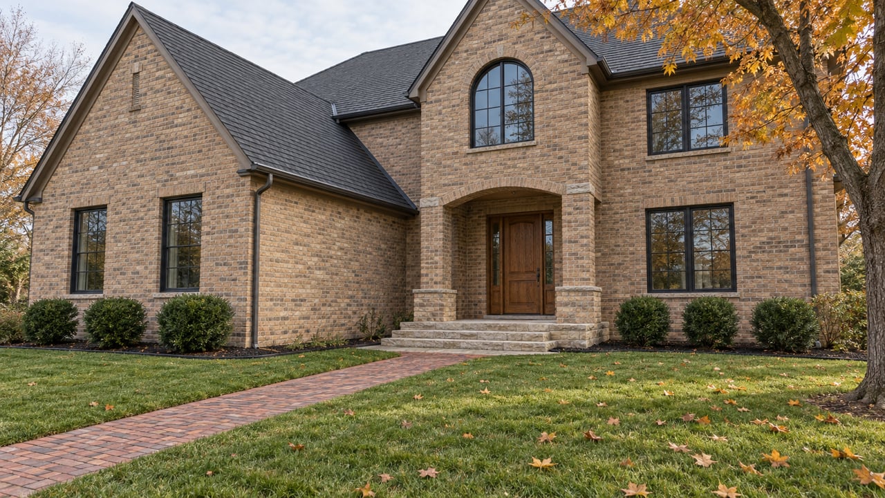 A gabled buff-brick home beyond a deep autumn lawn, with a worn brick approach, limestone porch and amber sugar maple.