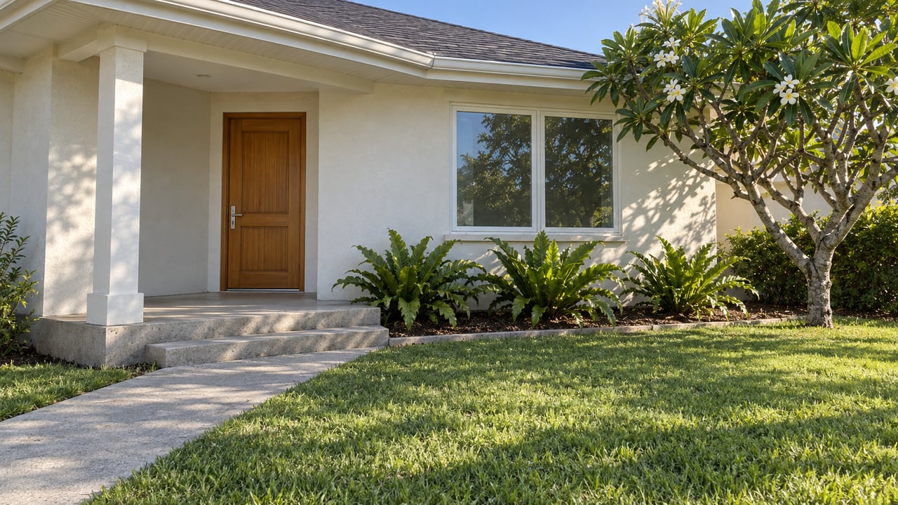 A low-rise home with an off-white facade, timber front door and shaded porch beyond a deep lawn and flowering plumeria tree.