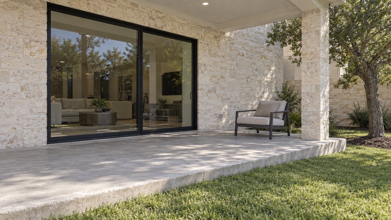 Stone home patio with black-framed sliding doors, a cushioned chair, and lawn beside it.