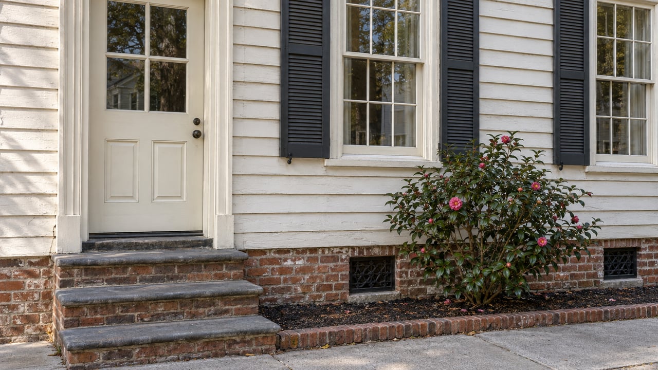 Narrow clapboard house with a raised bluestone stoop, brick foundation, and camellia with dark pink blossoms.