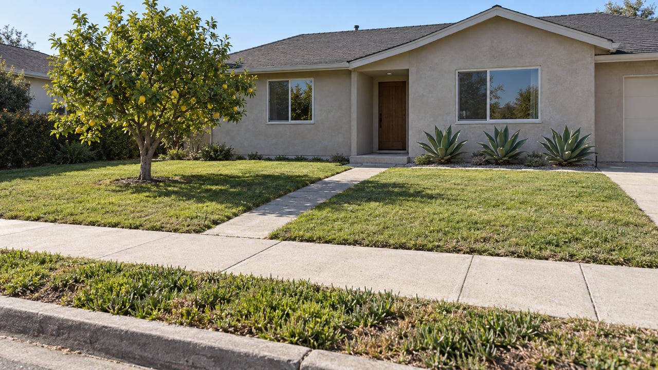 Single-story stucco ranch behind a concrete sidewalk, with a lawn, straight walkway, lemon tree, and agaves.