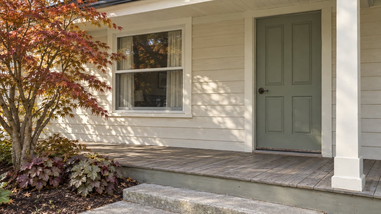 Ivory wood-sided home with a sage front door, shaded porch, and russet maple beside a concrete landing.