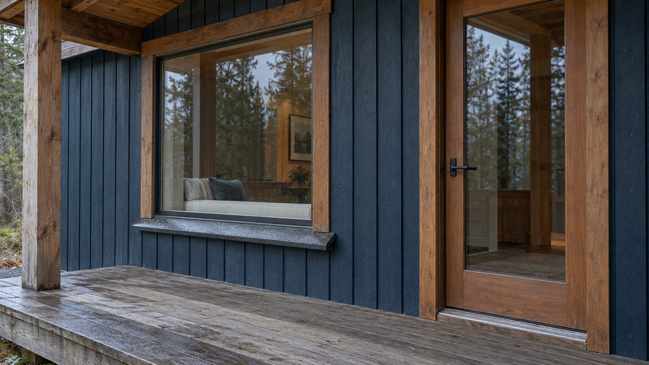 Weathered cedar porch beneath a timber roof, with navy wood siding, a glazed entrance door and a broad window revealing an enclosed window seat.