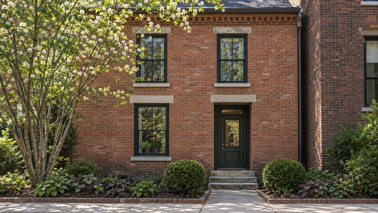 Weathered red-brick attached house with a dark green glazed door, stone steps, clipped boxwoods, and a serviceberry tree.