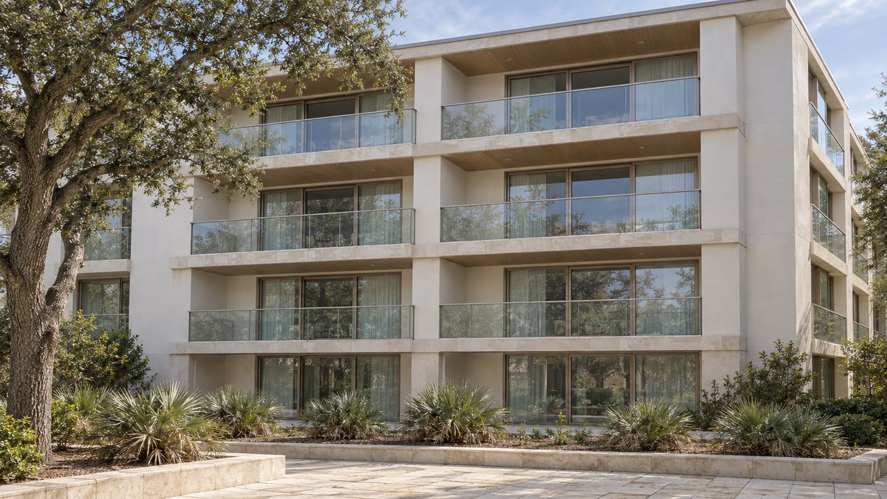 White four-story condominium with recessed glass balconies, pale stone paving, a spreading live oak, and silver-green saw palmettos.