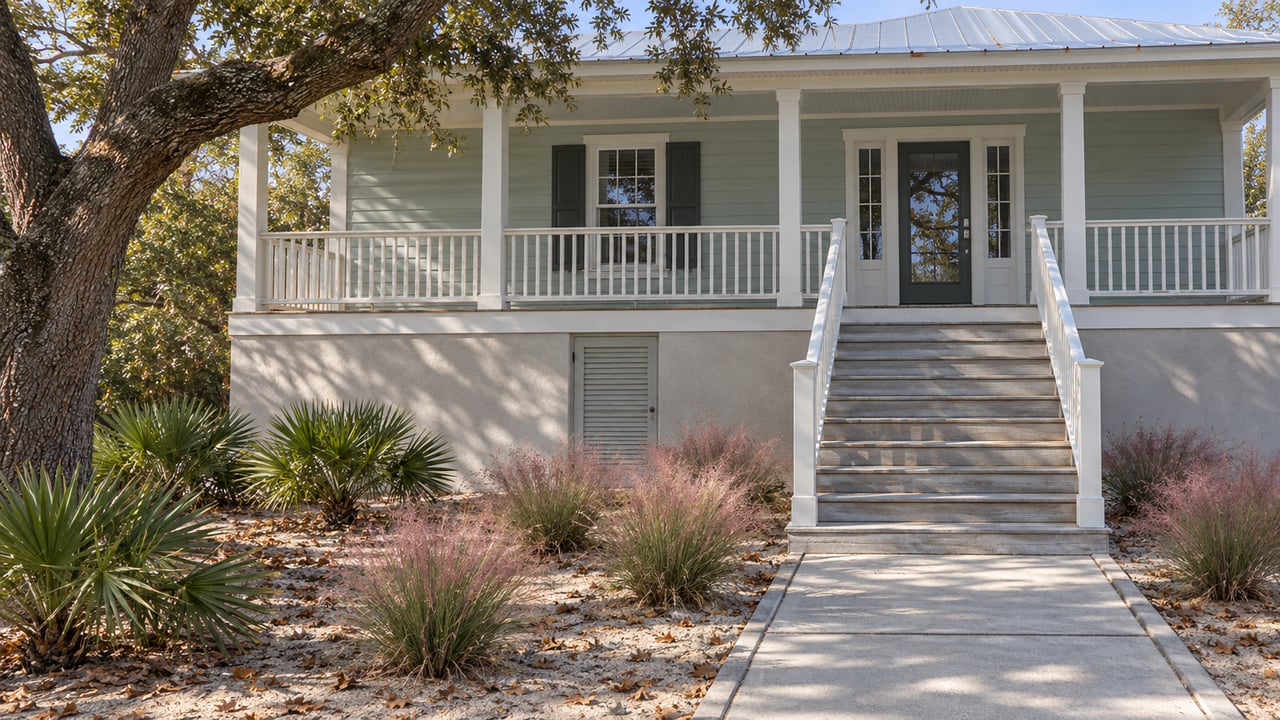 Raised seafoam-sided home with white porch stairs, a sandy planted front garden and pink muhly grass in autumn sunlight.