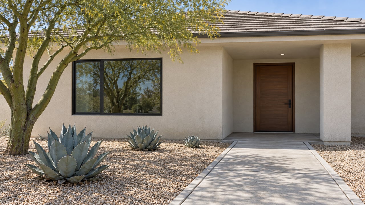 Pale stucco home with a recessed wood entry door, gray tile roof, and concrete approach bordered by sculptural agaves and a green-trunked tree.