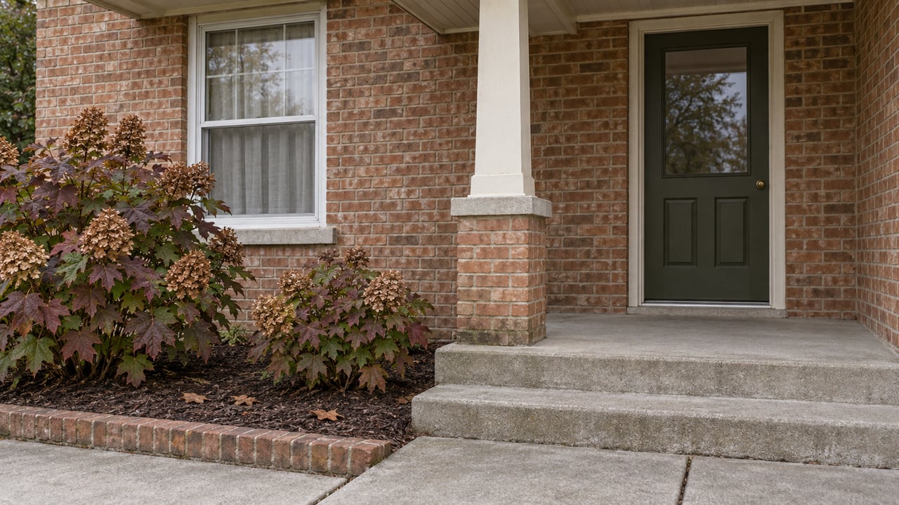 Russet brick home entry with an olive door, worn concrete steps and oakleaf hydrangeas turning burgundy.