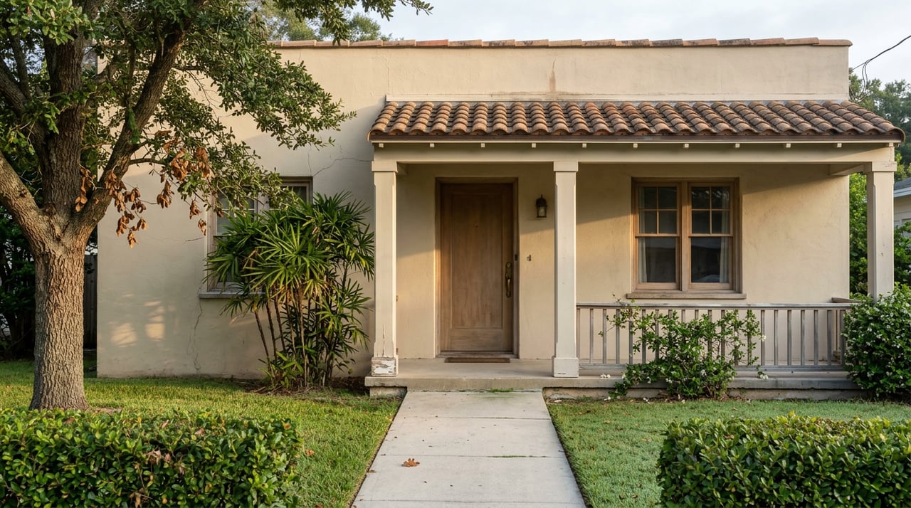 Modest stucco bungalow with a tiled porch, divided-light window, oak canopy, clipped hedges, and concrete walk.