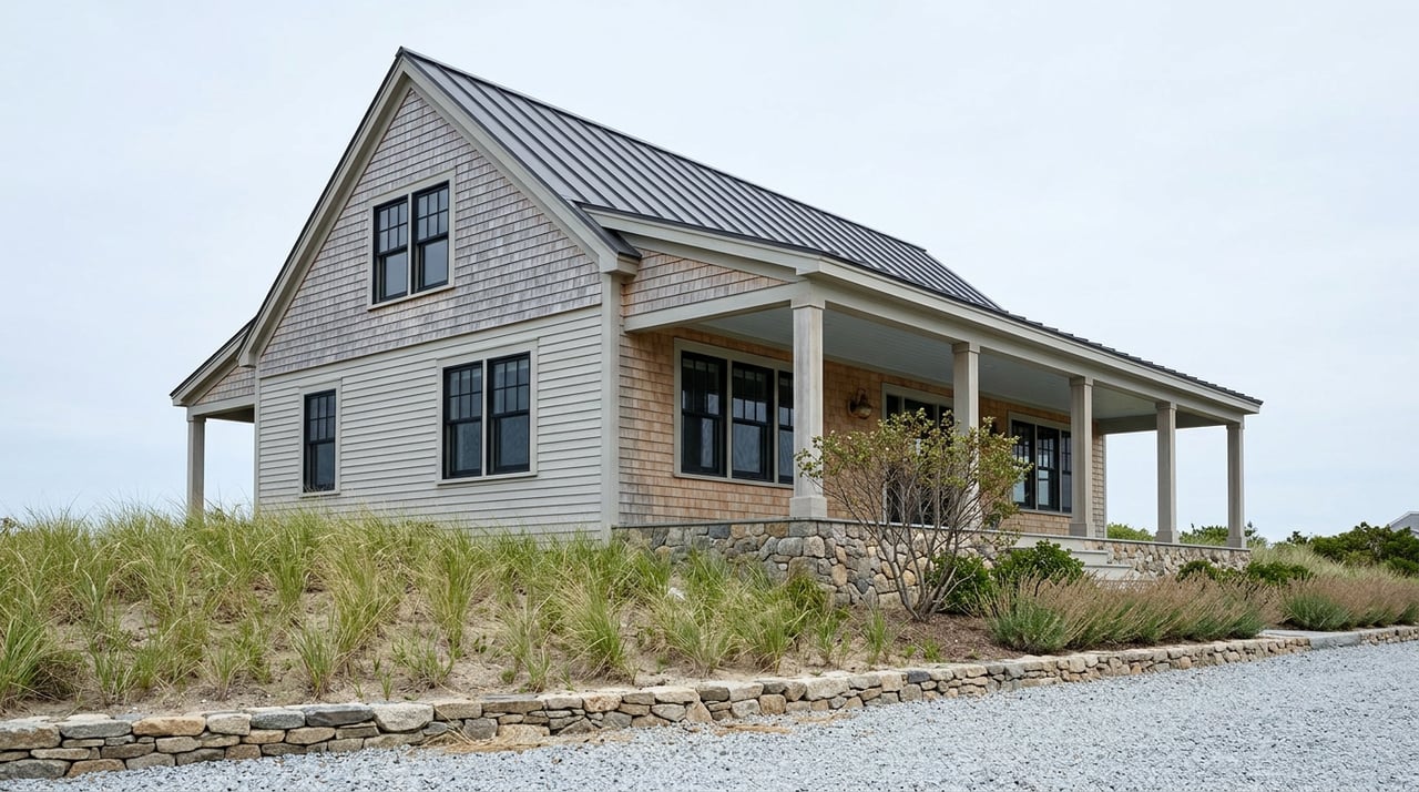 Two-story cedar cottage with a covered porch, dune grasses, and a bluestone gravel drive.