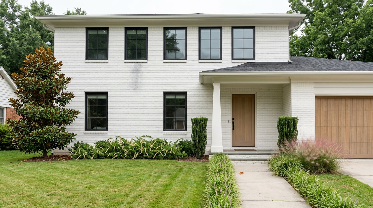 White brick suburban home with black-framed windows, a stained oak door, and a straight walkway across the lawn.