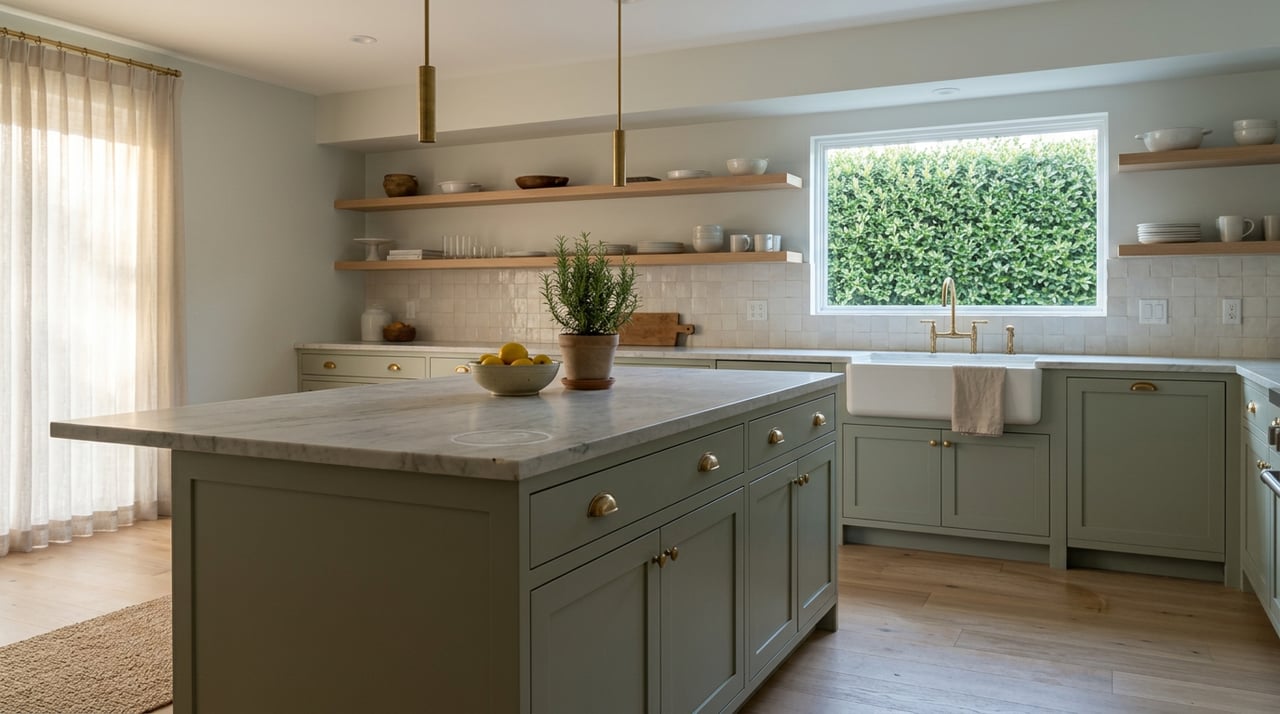 Sage-green kitchen island with a marble counter, lemons, and a window backed by a clipped hedge.