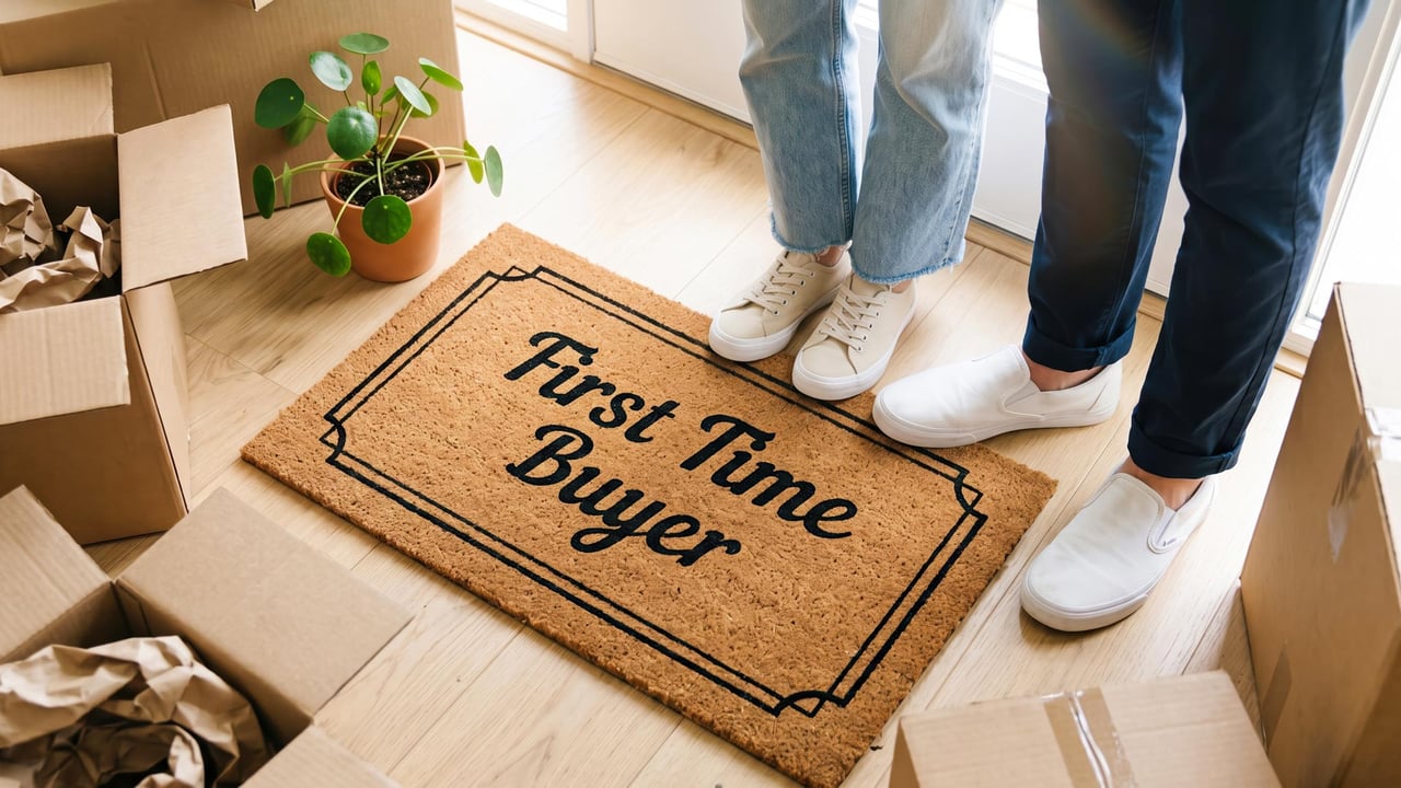 A close-up of a couple stepping onto a doormat printed with 'First Time Buyer' surrounded by packed moving boxes, illustrating how to claim first-time home buyer incentives in Ontario.