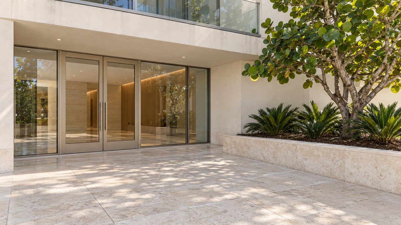 Sunlit condominium entrance with cream stucco, limestone paving, closed glass doors and a sea grape tree in a raised stone planter.