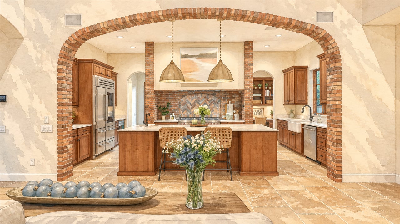 Traditional kitchen with a wood island beneath a brick archway and pendant lights.