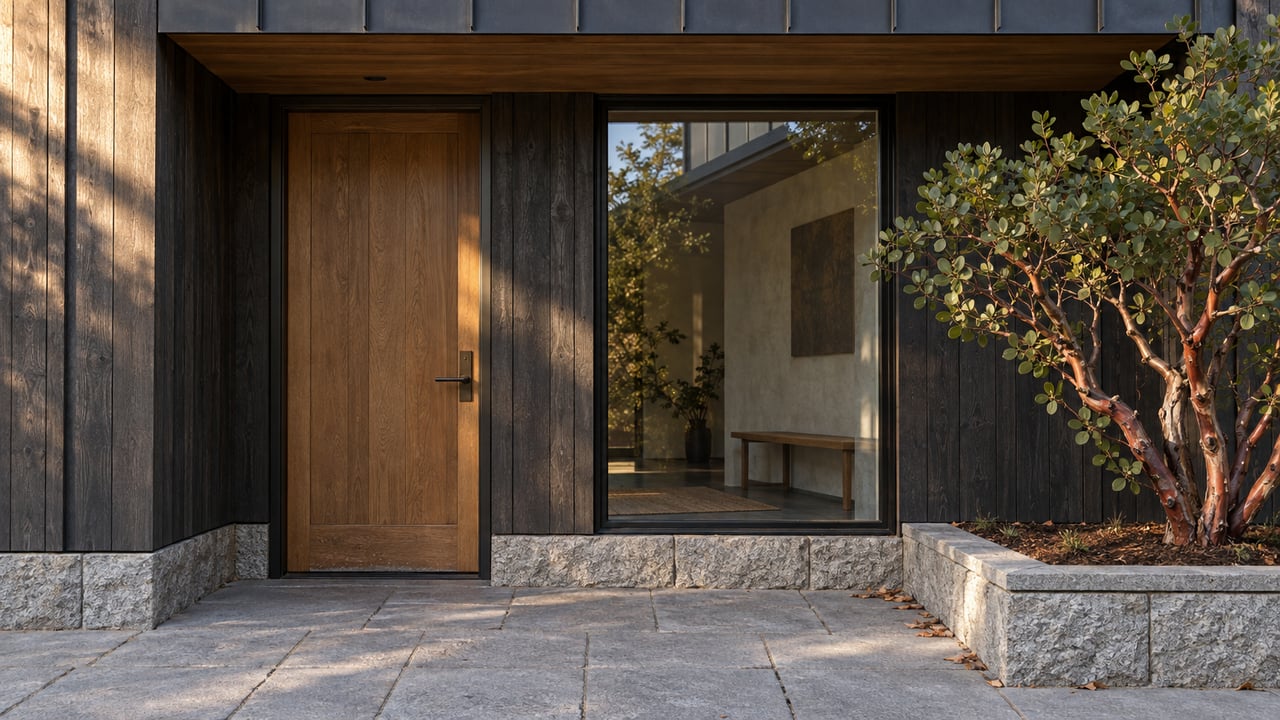 Condominium entry with a timber door, glazed window, cedar facade, and manzanita in a stone planter.