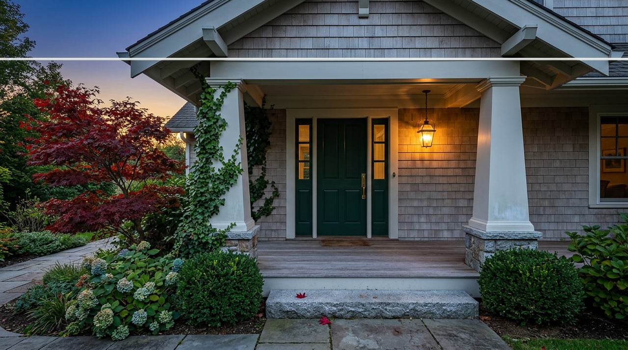 Craftsman porch with a bottle-green door, glowing glass sconce, ivy-wrapped column, and red Japanese maple at dusk.