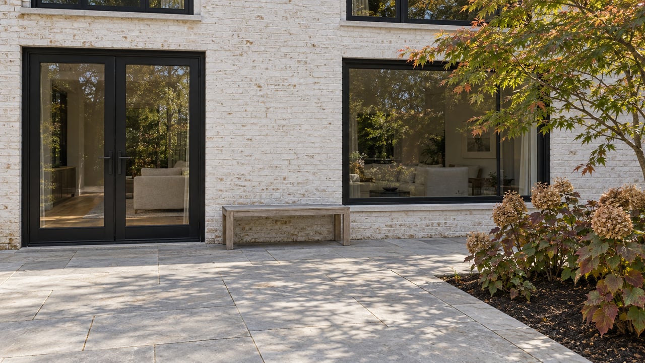 White-painted brick home with black-framed glazing, a limestone rear terrace, oak bench, and autumn-tinted specimen planting.