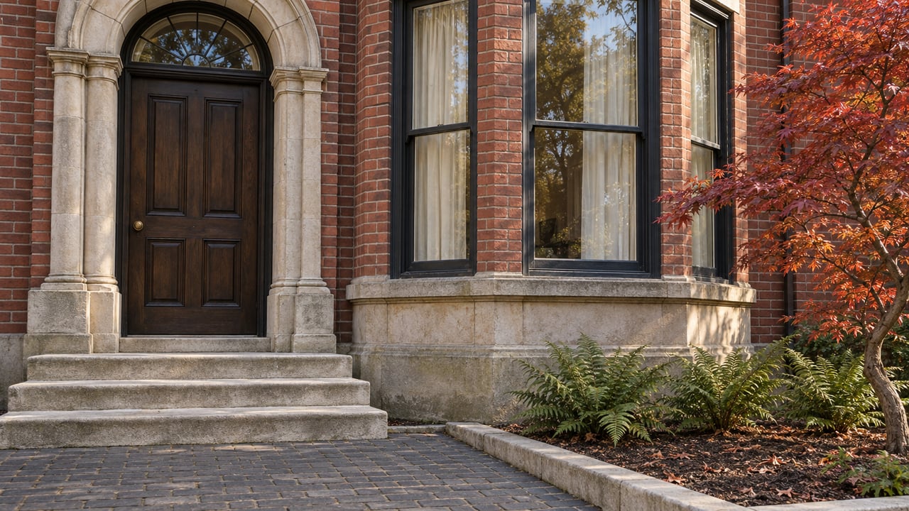 Autumn light on a red-brick residential facade with an arched oak entrance, limestone steps, and a three-sided bay window beside a Japanese maple.