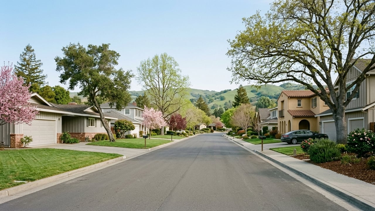 Residential street lined with homes and flowering trees, with rolling green hills beyond.