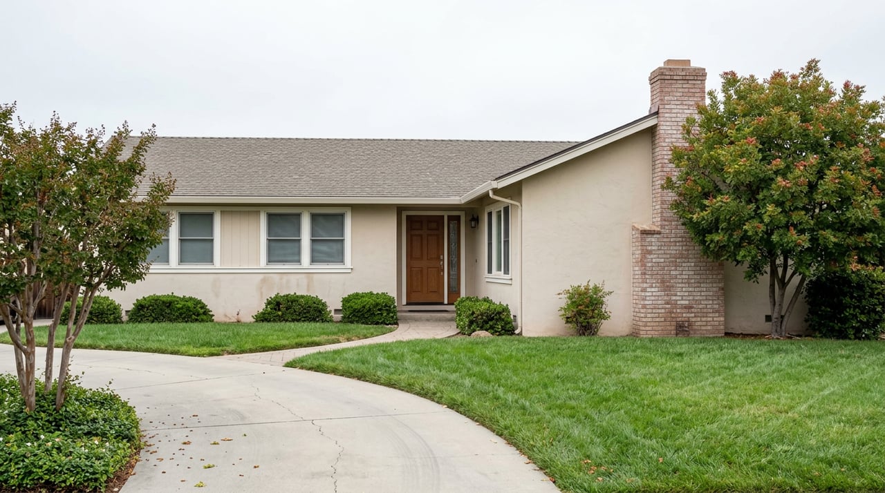 Stucco house with a brick chimney, white-trimmed windows, mature trees, front lawn, and curved driveway.