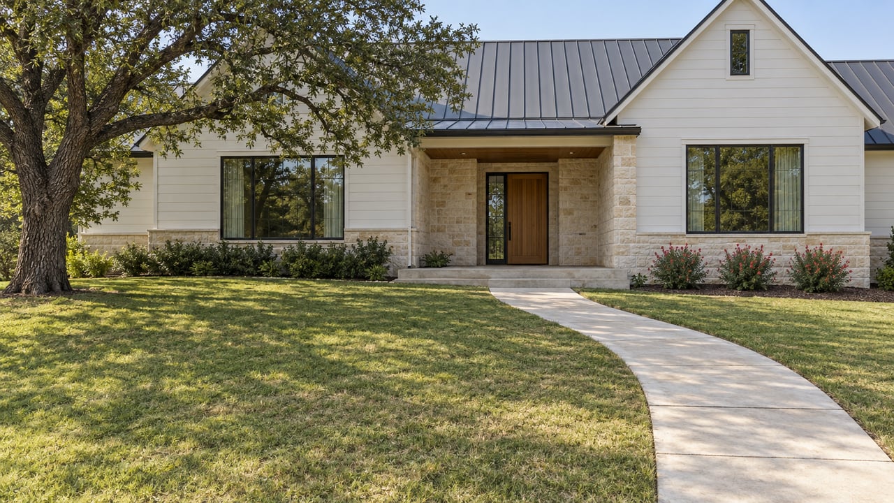 Warm-white gabled home with a charcoal metal roof and limestone entry behind a broad, patchily olive and straw-colored lawn and a mature oak.