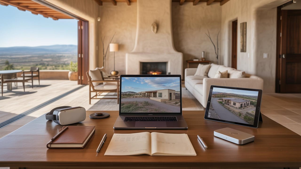 Laptop and tablet show house renderings on a desk beside an open patio and valley view.