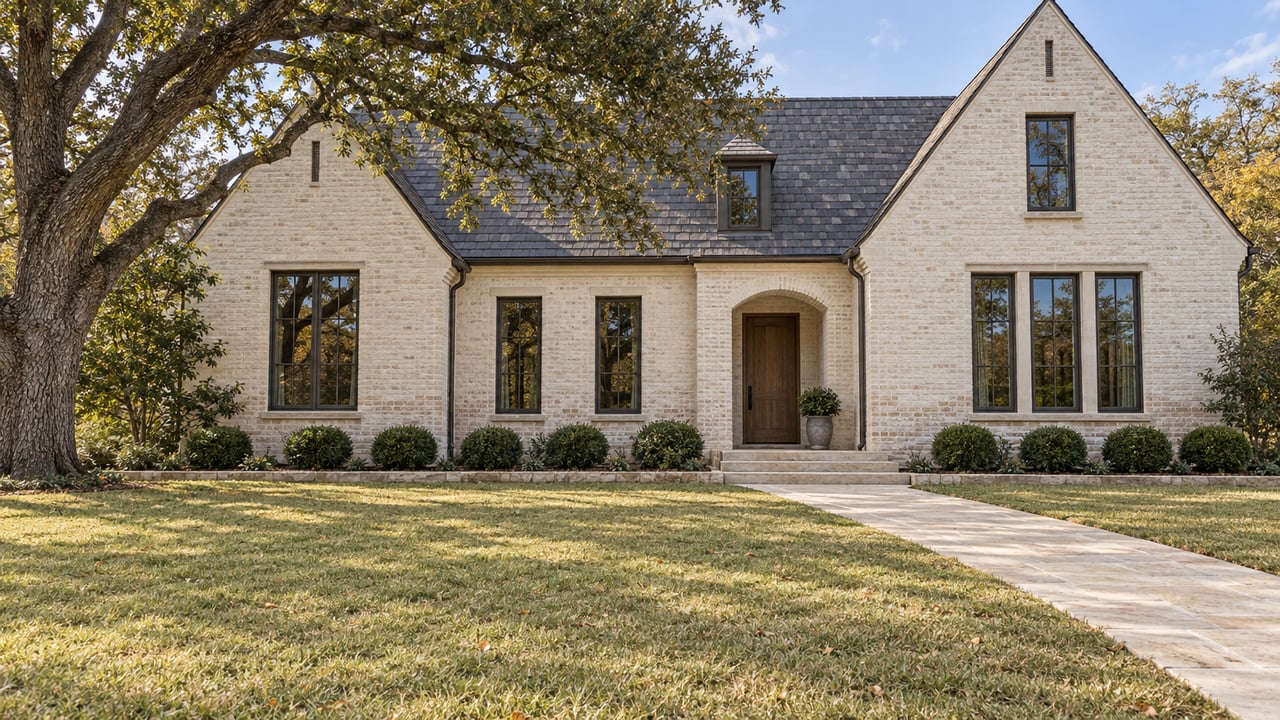 An expansive autumn lawn leads to a light brick gabled home with dark divided-light windows beneath a mature oak canopy.