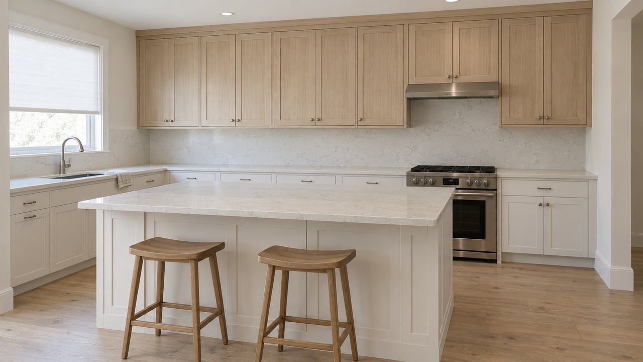 Open kitchen with ash upper cabinets, warm-white lower cabinets, a quartz island, two stools, and a window above the sink.