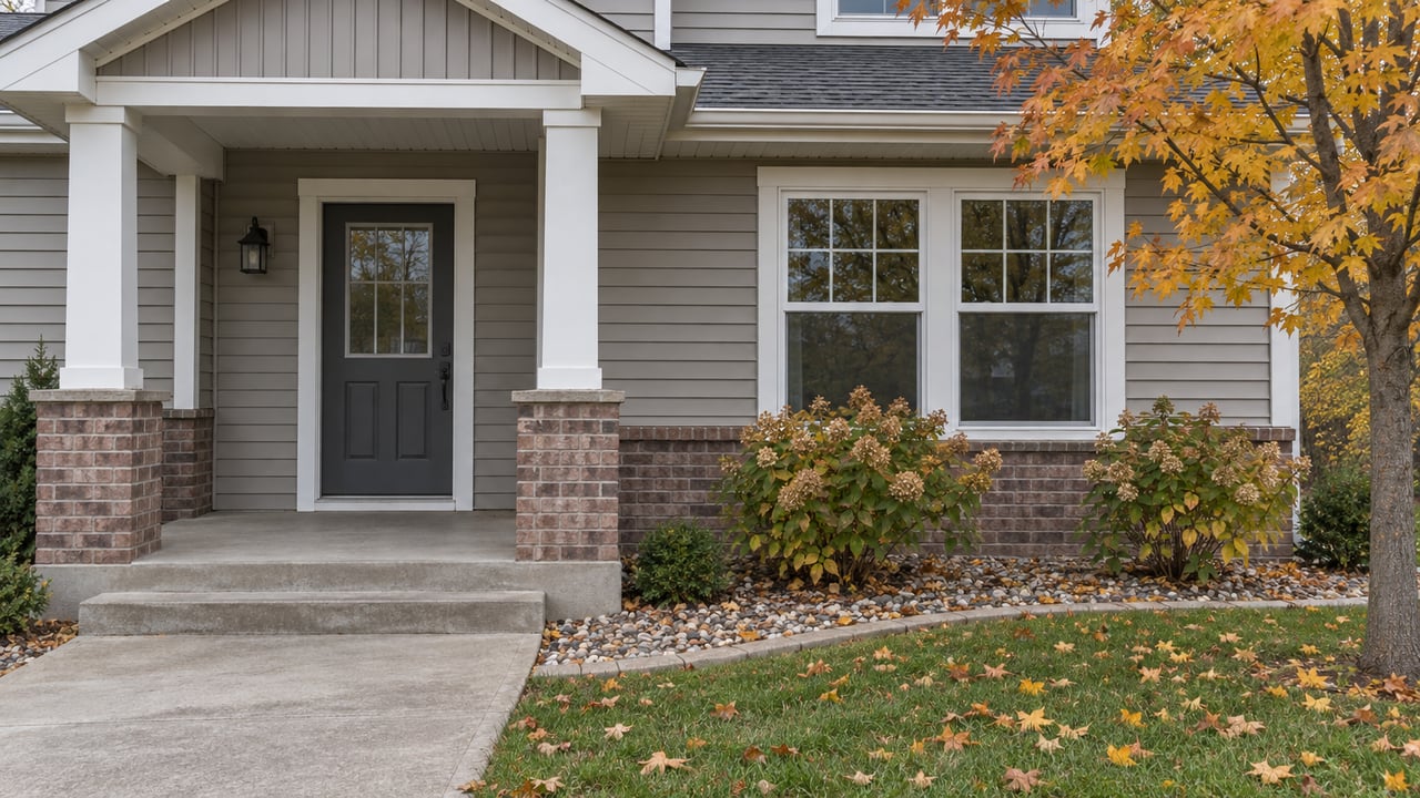 Autumn leaves beside a greige-sided home's sheltered brick-based porch and white-trimmed windows.