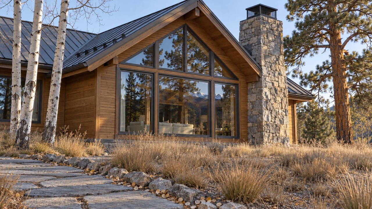 Timber cabin with a granite chimney and large windows above a dormant meadow, framed by a ponderosa pine and bare aspens in autumn morning light.