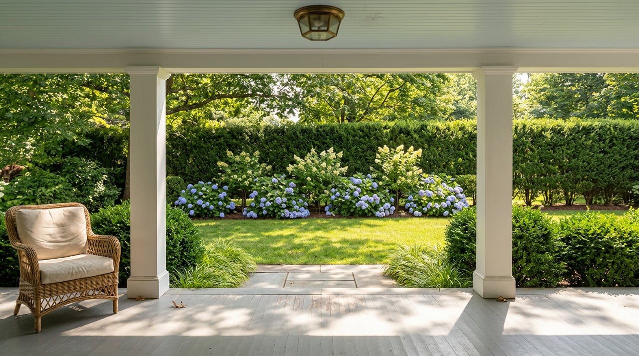 White porch columns frame a wicker chair, lawn, blue hydrangeas, and a clipped hedge.
